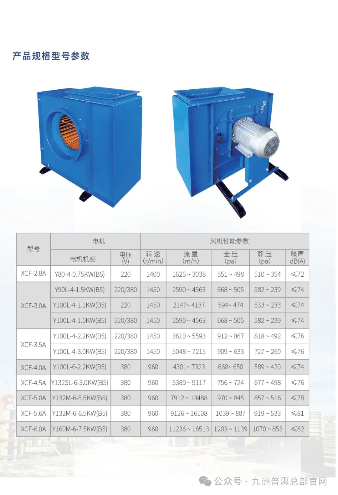 九洲普惠XCF系列(加棉型)多翼式離心通風機型號參數